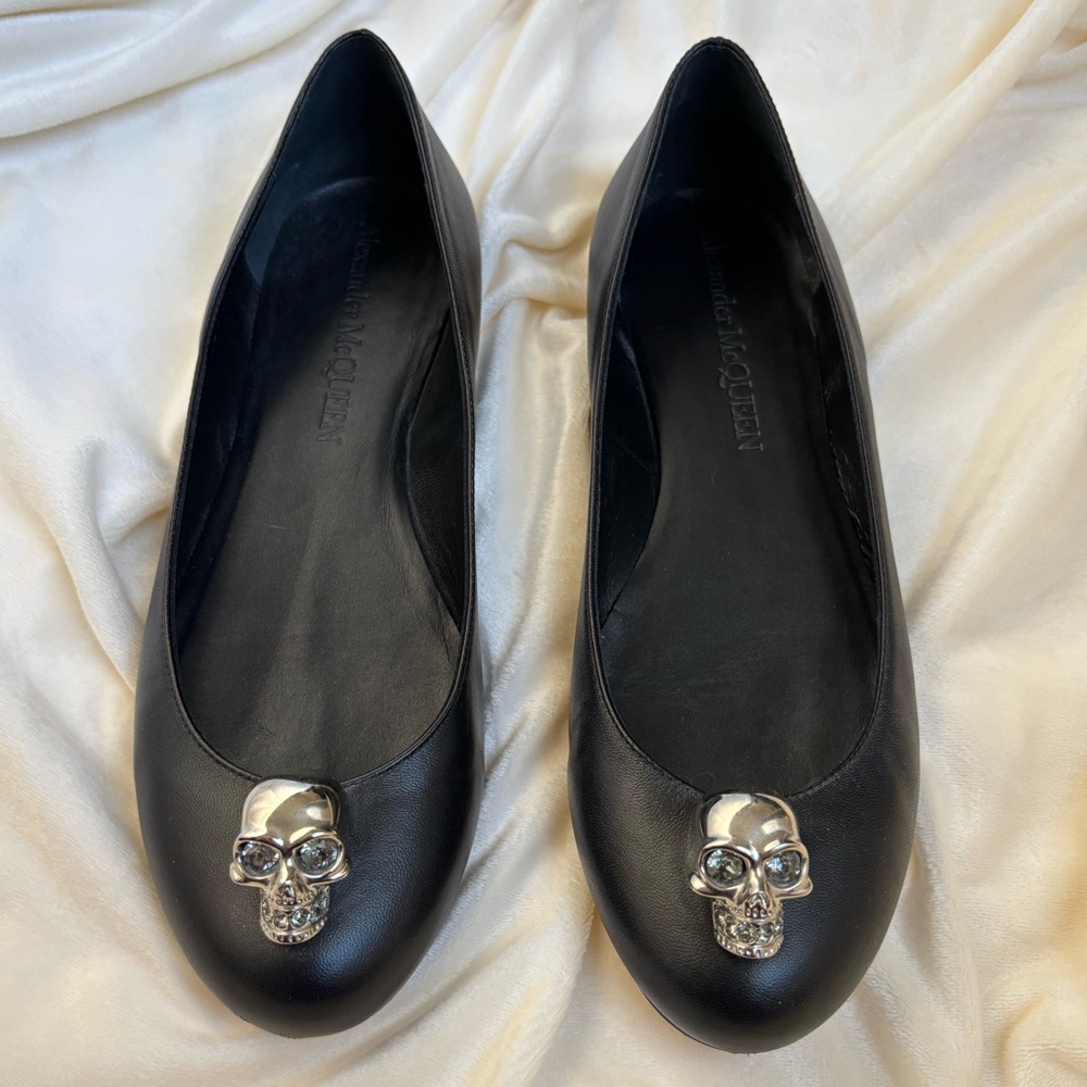 Alexander McQueen Black Flats with Silver Skull Accent